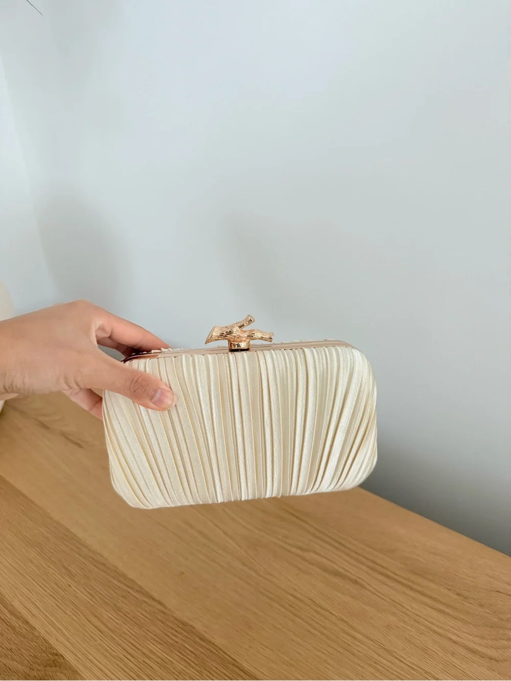 Elegant Cream Satin Pleated Clutch with Gold Accent New